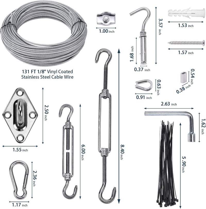 Unicaravan Shade Sail Hardware Kit 6 inch with 131FT 1/8" Wire Rope Kit for Triangle Rectangle Sun Shade Sail Outdoor Installation turnbuckles for Cables Wire for Outdoor,Garden,Kitchen,Craft,243PCS - Image 3